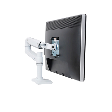 Un moniteur avec un bras de moniteur blanc sur fond blanc. Le bras du moniteur est fixé à l'arrière du moniteur.