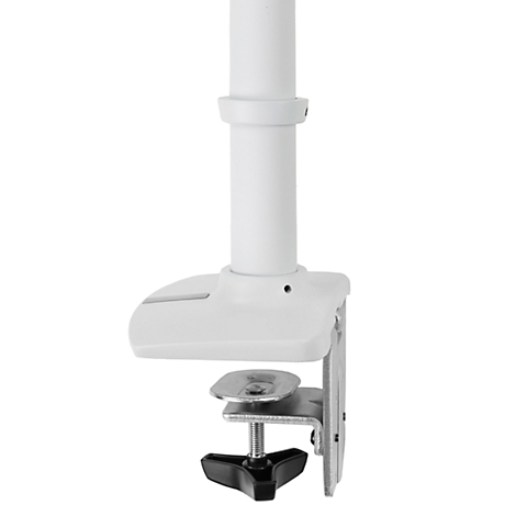 Bras de moniteur blanc avec dispositif de serrage, support et bouton étoile réglable.