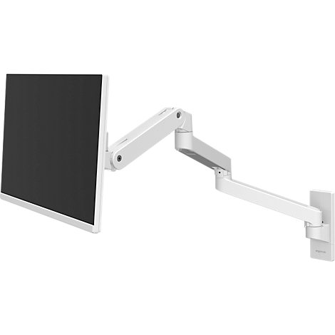 Bras de moniteur blanc avec un écran noir fixé, monté sur un mur.