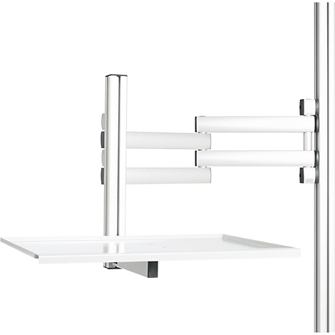 Support blanc brillant avec une étagère et une construction de bras extensible, fixée à un support vertical.