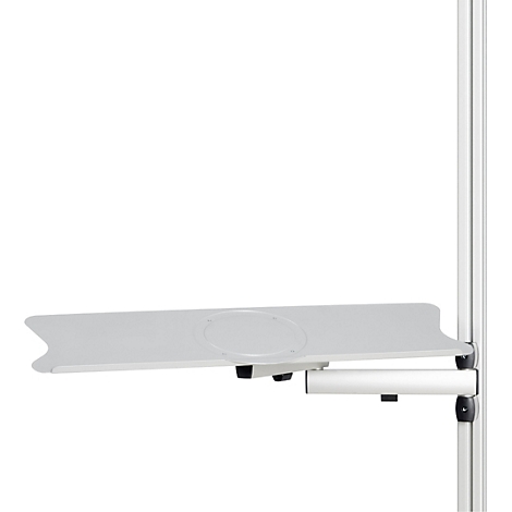 Un plateau gris et extensible avec un porte-boissons fixé à une barre verticale de couleur argent.