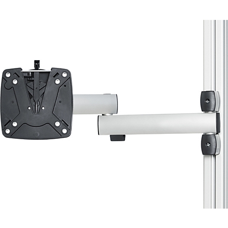Support d'écran. Support noir avec bras argenté, fixé à une colonne verticale en aluminium.