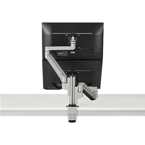 Double moniteur avec support, vue arrière, gris argenté, sur table blanche.