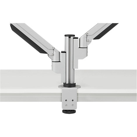 Un support d'écran argenté avec deux bras, fixé à un plateau de table blanc.
