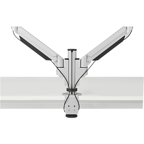 Bras de moniteur clair sur un bureau blanc. Les câbles longent le bras. La forme ressemble à un V stylisé.