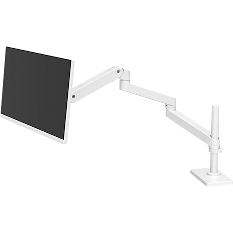 Bras de moniteur blanc avec écran fixé ; maintenu en position.