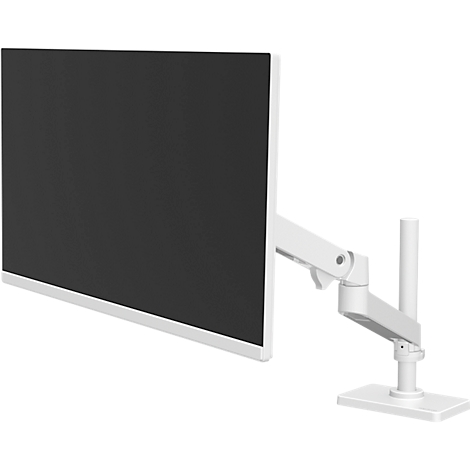 Moniteur blanc avec support. L'écran est noir et entouré d'un cadre blanc.