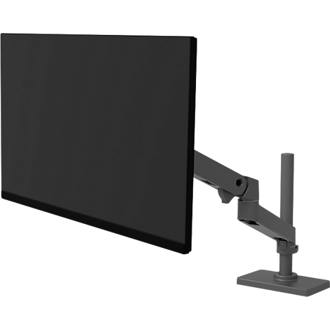 Écran noir monté sur un bras de moniteur gris et réglable sur fond blanc.