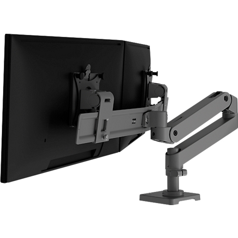 Un écran avec un bras de moniteur fixé à l'arrière. Le bras est gris et comporte plusieurs articulations.