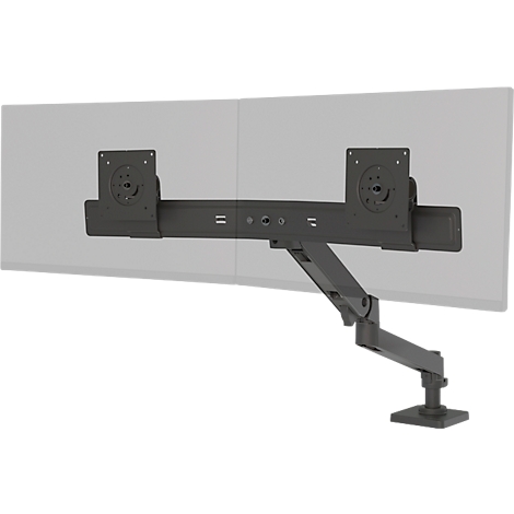Support de moniteur noir avec deux supports et un bras articulé. Panneaux rectangulaires clairs en arrière-plan.