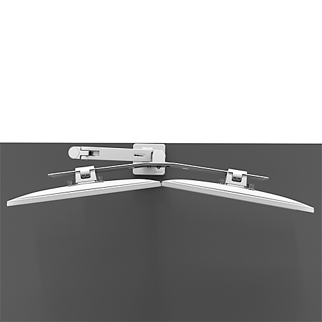 Un système de bras de moniteur blanc, fixé au mur, avec deux écrans.