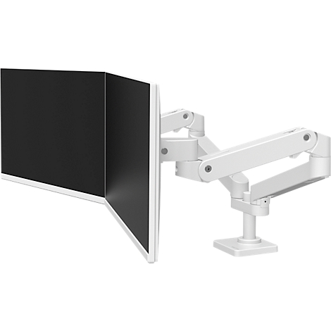 Bras de moniteur blanc avec deux écrans noirs.