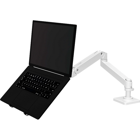 Ordinateur portable noir monté sur un bras blanc réglable. L'écran est vide, le clavier visible.