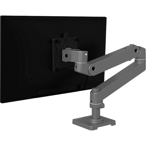 Un bras de moniteur gris fixé à un moniteur noir. Le bras est en métal et possède plusieurs articulations.