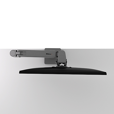 Support de moniteur gris sur un mur. Un moniteur noir est fixé au support.