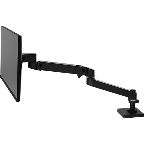 Bras de moniteur noir avec moniteur fixé; inclinable et rotatif.
