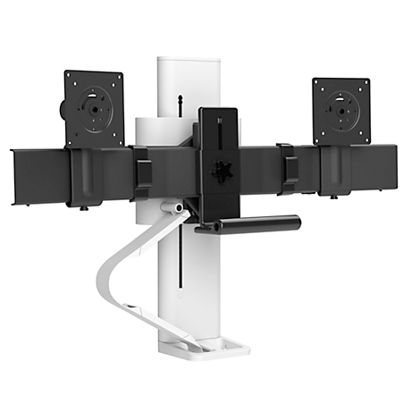 Un support de moniteur blanc et noir, conçu pour monter deux écrans. Le support a une colonne verticale qui peut être ajustée en hauteur.