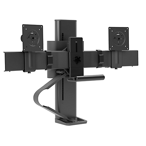 Support de moniteur noir pour deux écrans, avec supports et supports. Sur fond blanc.