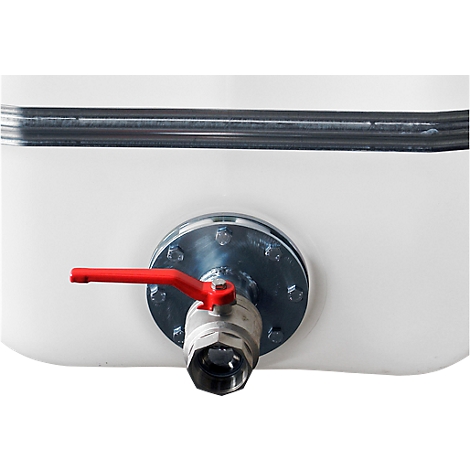 Close-up of a white plastic barrel with a red faucet and metallic connections.