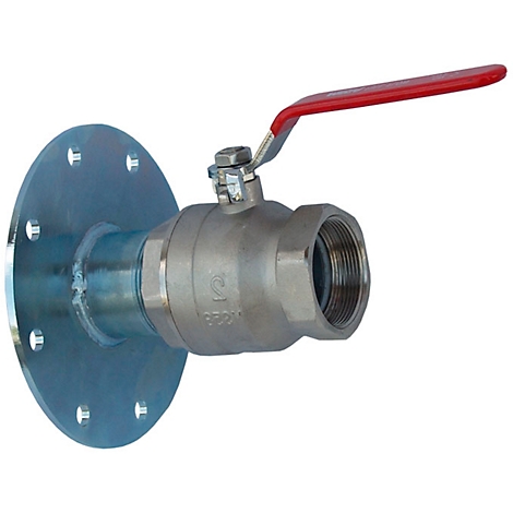 Valve with red lever. It is attached to a metal pipe with a flange.