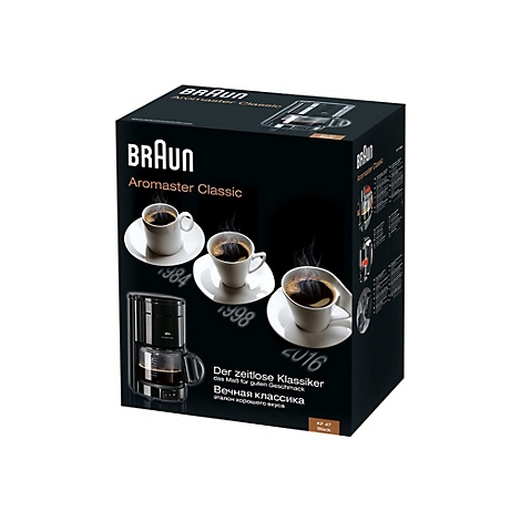 Braun Aromaster Classic Kaffeemaschine in schwarzer Verkaufsverpackung mit drei dampfenden Tassen Kaffee.