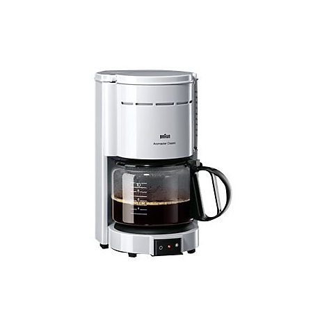 Weiße Braun Aromaster Classic Filterkaffeemaschine mit gefüllter Glaskanne vor weißem Hintergrund.