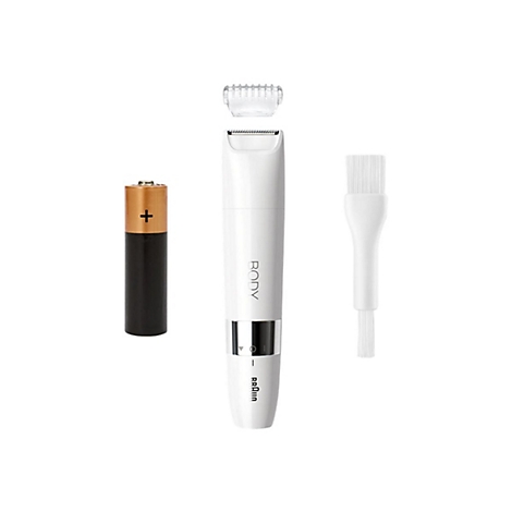 Weißer Braun Body-Trimmer mit Schutzkappe, Batterie und Reinigungsbürste vor weißem Hintergrund.