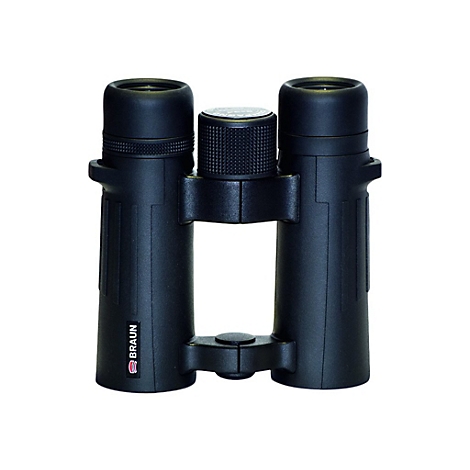 Schwarzes Braun Fernglas vor weißem Hintergrund.