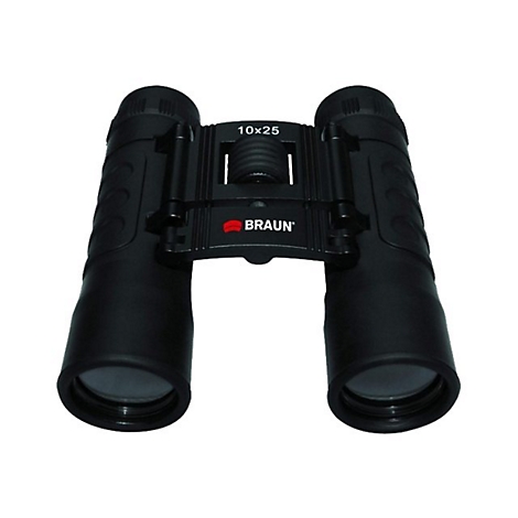 Schwarzes Braun 10x25 Fernglas vor weißem Hintergrund.
