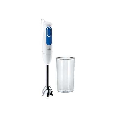 Weißer Braun Stabmixer mit blauem Bedienelement und transparentem Messbecher vor weißem Hintergrund.