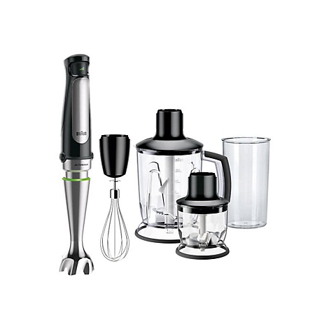 Braun Stabmixer Set mit Motorblock, Schneebesen, großem Zerkleinerer, kleinerem Zerkleinerer und Mixbecher.