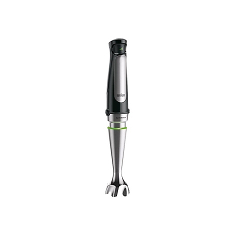 Schwarzer Braun Stabmixer mit Edelstahlfuß und grünem LED-Indikator vor weißem Hintergrund.