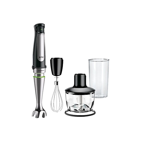 Braun Stabmixer-Set in Schwarz und Edelstahl mit Schneebesen, Zerkleinerer und Messbecher auf weißem Hintergrund.