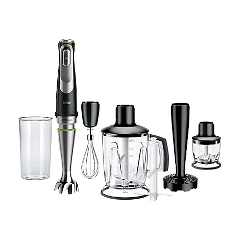 Braun Stabmixer-Set in Schwarz mit Edelstahl-Mixfuß, Schneebesen, großem Mixbehälter und weiterem Zubehör.