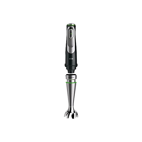Braun Stabmixer mit schwarzem Griff und Edelstahl-Mixfuß, in zwei Teile zerlegt, vor weißem Hintergrund.