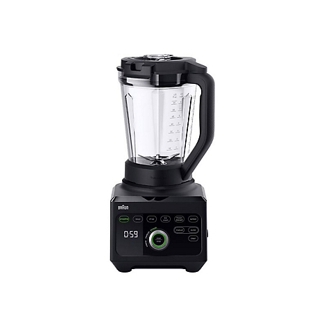 Schwarzer Braun Standmixer mit digitalem Display und Bedienfeld vor weißem Hintergrund.