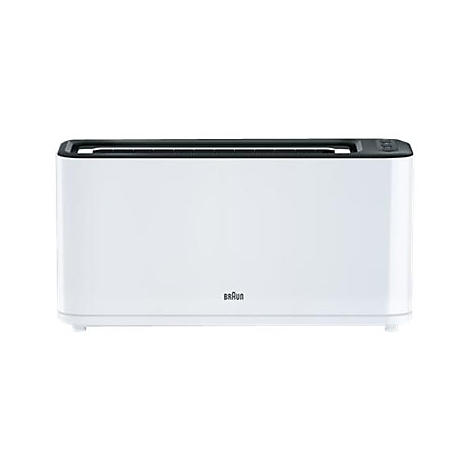 Weißer, länglicher Langschlitztoaster von Braun mit schwarzer Oberseite vor weißem Hintergrund.