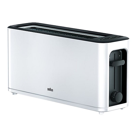 Länglicher, weißer Braun Toaster mit schwarzen Akzenten und seitlichem Drehregler vor weißem Hintergrund.