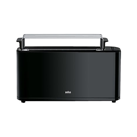 Schwarzer Braun Langschlitztoaster vor neutralem Hintergrund mit aufgesetztem Brötchenaufsatz.