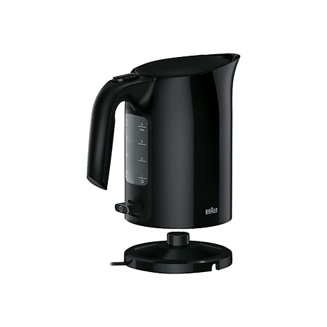 Schwarzer Braun Wasserkocher mit abnehmbarer Basis vor weißem Hintergrund.