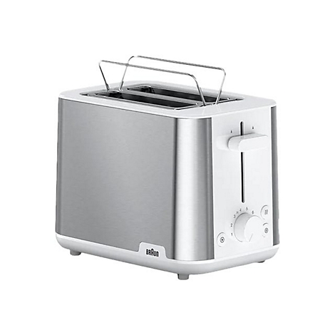 Braun Toaster in Edelstahl-Optik mit weißem Kunststoffgehäuse vor weißem Hintergrund.