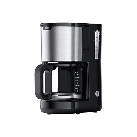 Schwarze Braun Filterkaffeemaschine mit Edelstahlakzenten und Glaskanne vor weißem Hintergrund.
