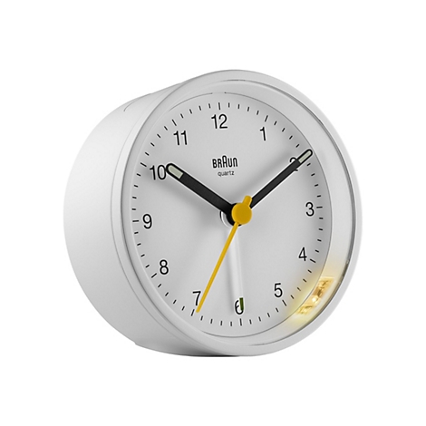Weißer Braun Wecker mit rundem Gehäuse, schwarzem Ziffernblatt-Design, gelbem Sekundenzeiger und leuchtendem Licht.