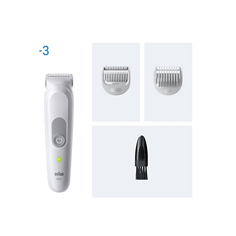 Weißer Braun Bodygroomer mit zwei Aufsätzen und kleiner Reinigungsbürste auf hellem Hintergrund.