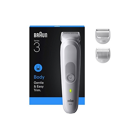 Braun Series 3 Body Trimmer mit zwei Aufsätzen vor der Produktverpackung.