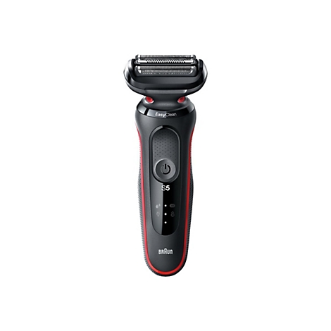 Braun Series 5 Rasierer in Schwarz mit roten Akzenten und EasyClean-Schriftzug vor weißem Hintergrund.