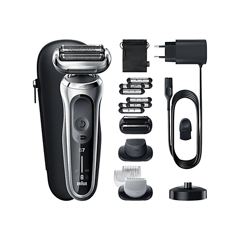 Braun Series 7 Elektrorasierer mit Reisetui, Ladegerät, verschiedenen Aufsätzen und Reinigungsbürste.