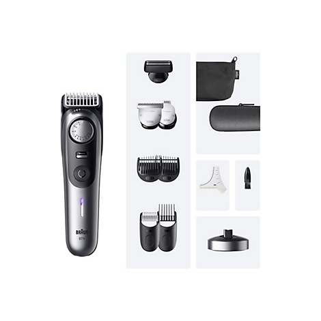 Braun BT9 Barttrimmer mit verschiedenen Aufsätzen, Scherköpfen, Etuis, Kammaufsätzen, Reinigungspinsel und Ladestation.