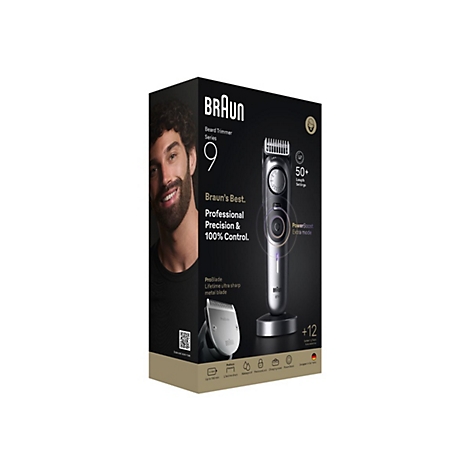 Verpackung des Braun Beard Trimmer Series 9 mit Produktabbildung und lächelndem Mann.