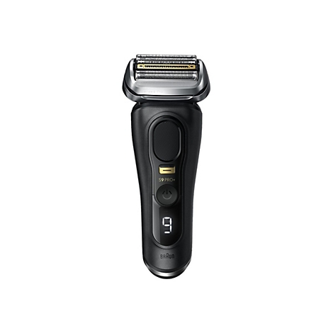 Schwarzer Braun Series 9 Pro+ Elektrorasierer vor weißem Hintergrund.